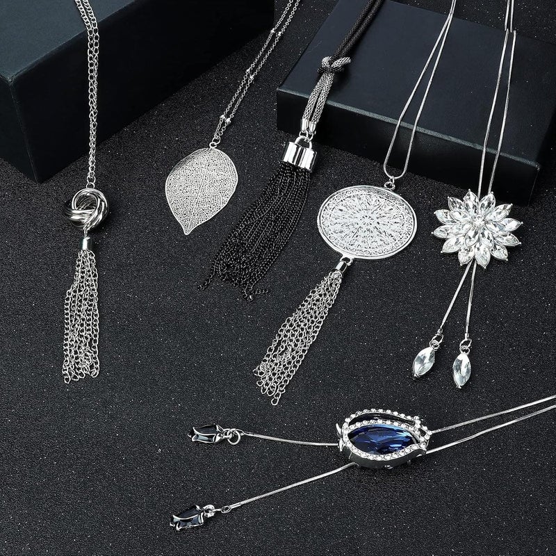 Jstyle 6Pcs Long Pendant Necklaces for Women Long Sweater Necklaces Silver Flower Tassel Disk Circle Leaf Statement Sweater Chain Necklace for Women Y Necklace Set Fashion Jewelry - Image 5